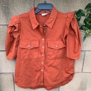 The Ozzi Denim Ruffle-Sleeve Buttondown Shirt -defect